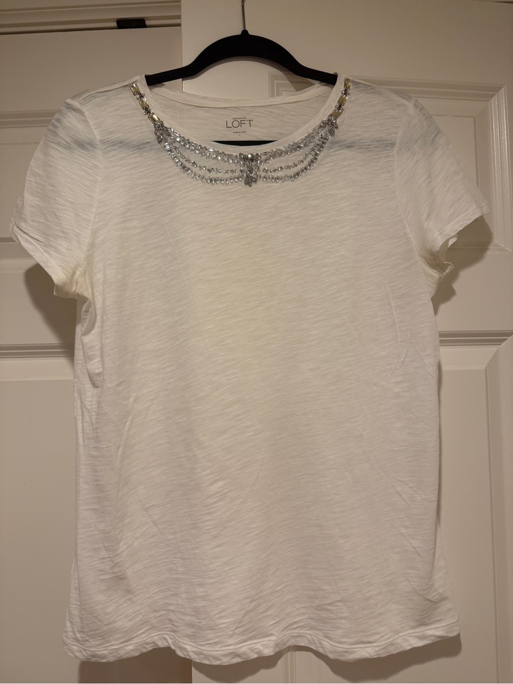LOFT Ivory Short-Sleeve Tee with Crystal/Beaded Neckline Size L